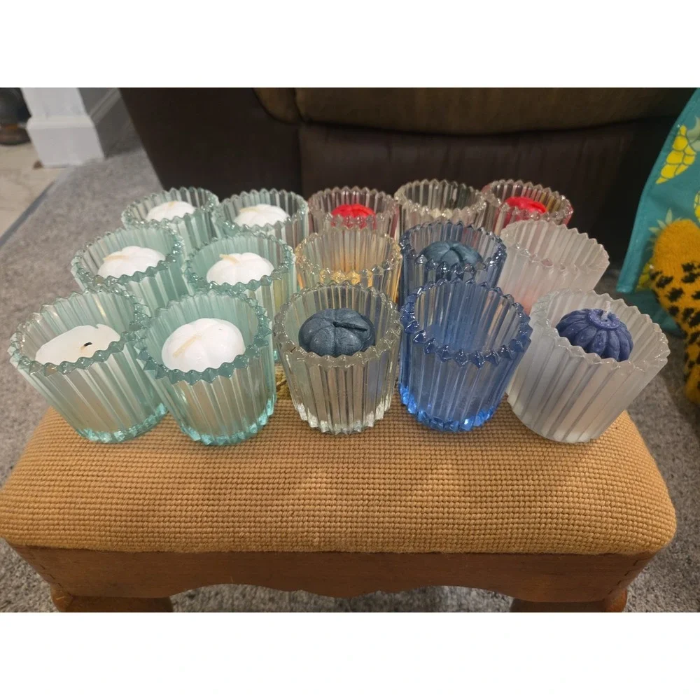 Vintage Indiana Glass Candle Holder Lot 15 Multi Color Ribbed USA Pressed Glass